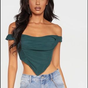PLT Dark Green Corset Mesh Bardot Top